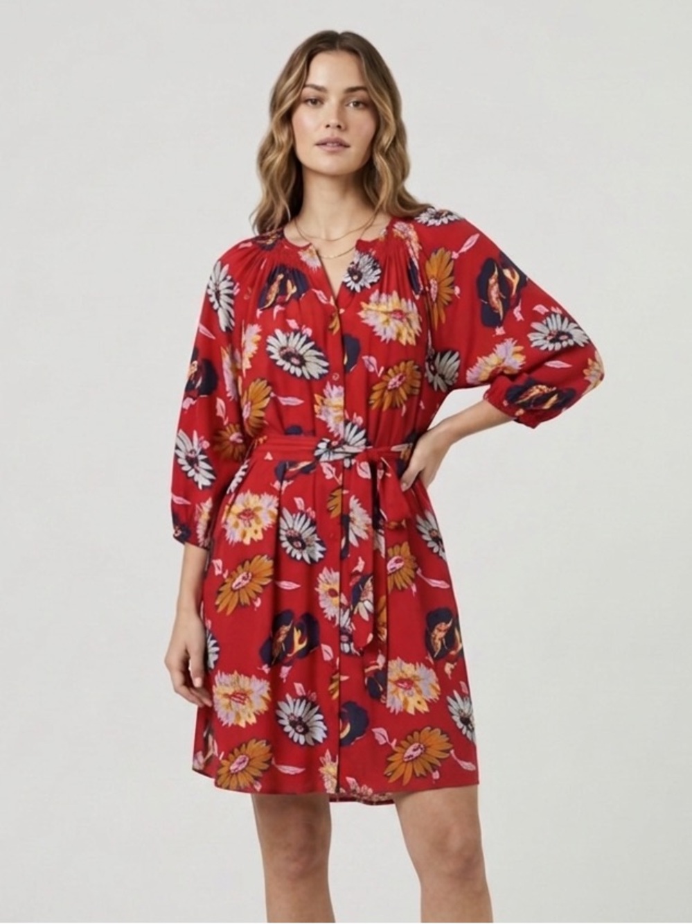 Tucker NYC 100% Silk Floral Dress Puff Sleeves Tie Waist Relaxed Fit Designer